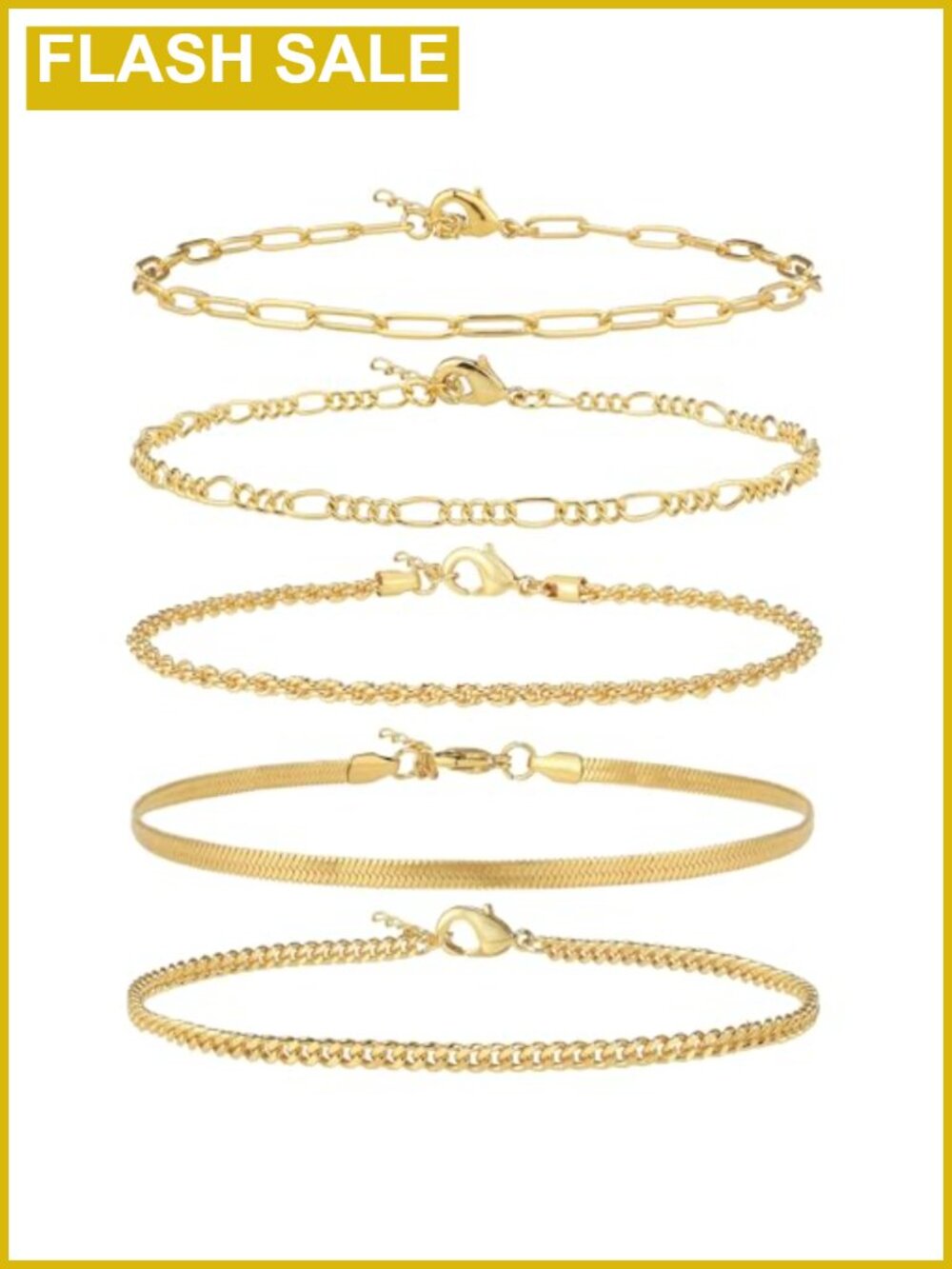 5-Piece Gold Plated Cuban Link Anklet Set Waterproof Plus Size 9-12 inch